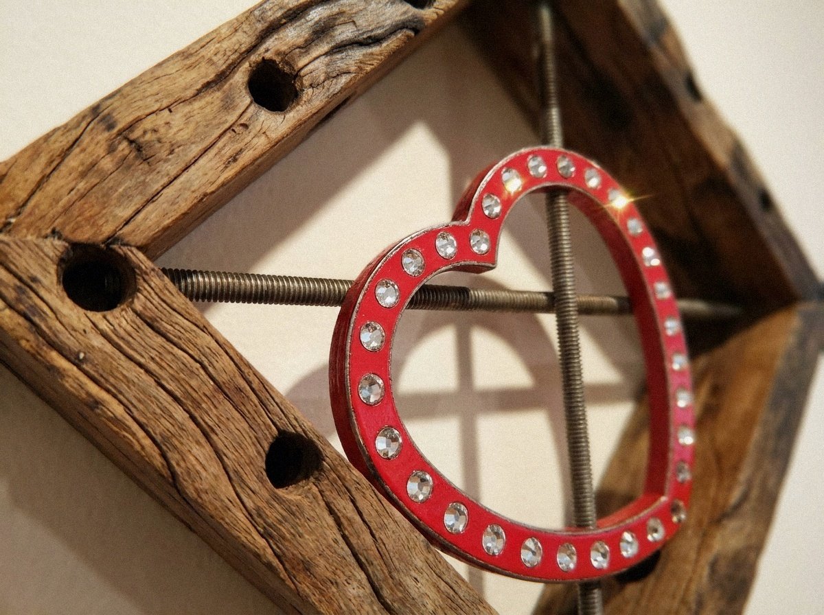Detalhe em ângulo da obra Auto Engano destacando o coração vermelho cravejado e as barras de metal rosqueadas.