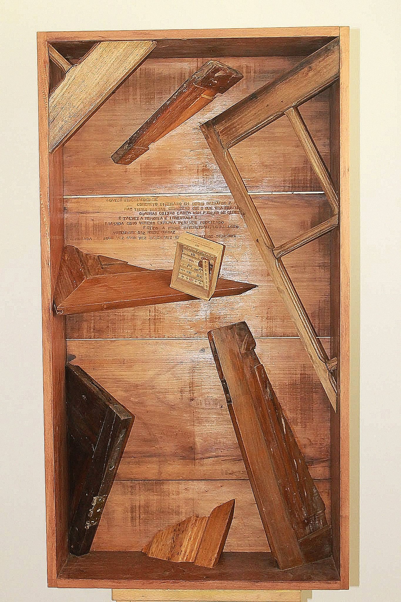 The wall work Caixa nº 2 contains assembled sections of various woods set at diverse angles inside a frame.