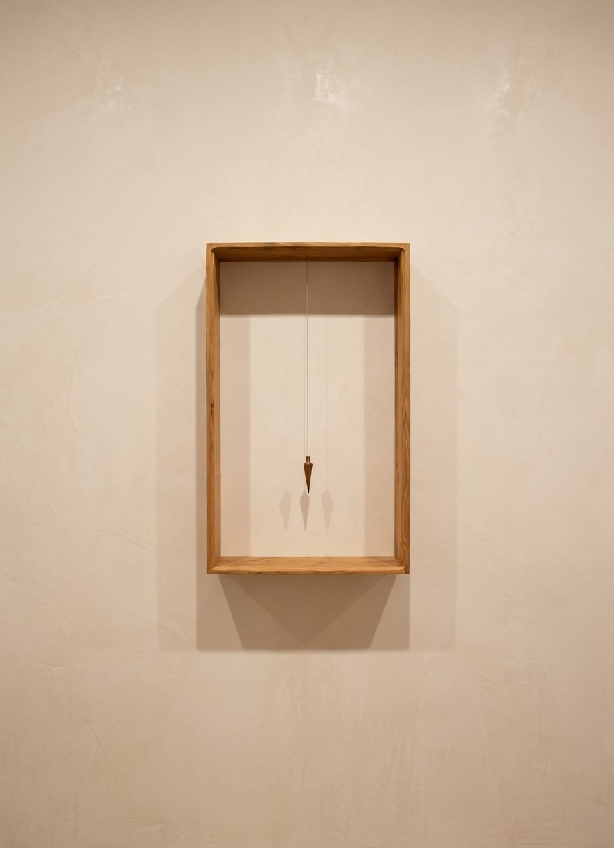 The work Caixa 11 seen from the front on a light wall with the plumb bob casting shadows.