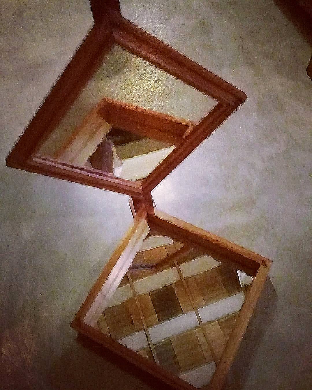 Cx, Ad quærendum Deum, Hic Aperi, two hinged square wooden frames with interior mirrors set open on a surface.