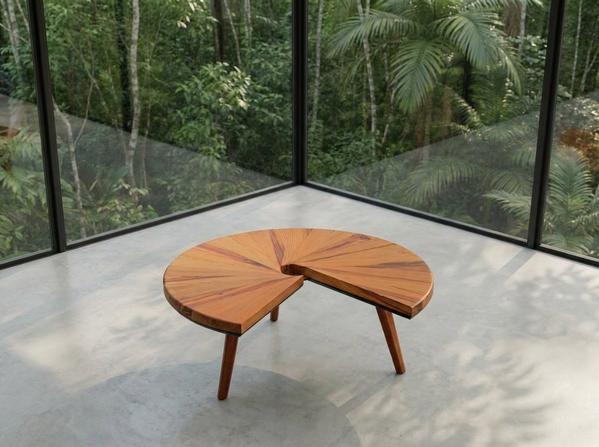 Mesa Caracol in reclaimed wood, showing the spiral slit and central opening before two full-height glass walls.