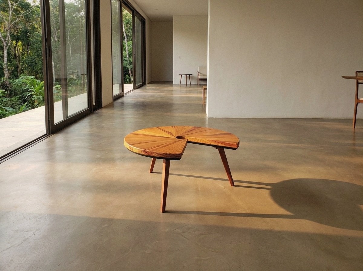 Mesa Caracol no centro de uma sala ampla com piso polido e vista para a mata.