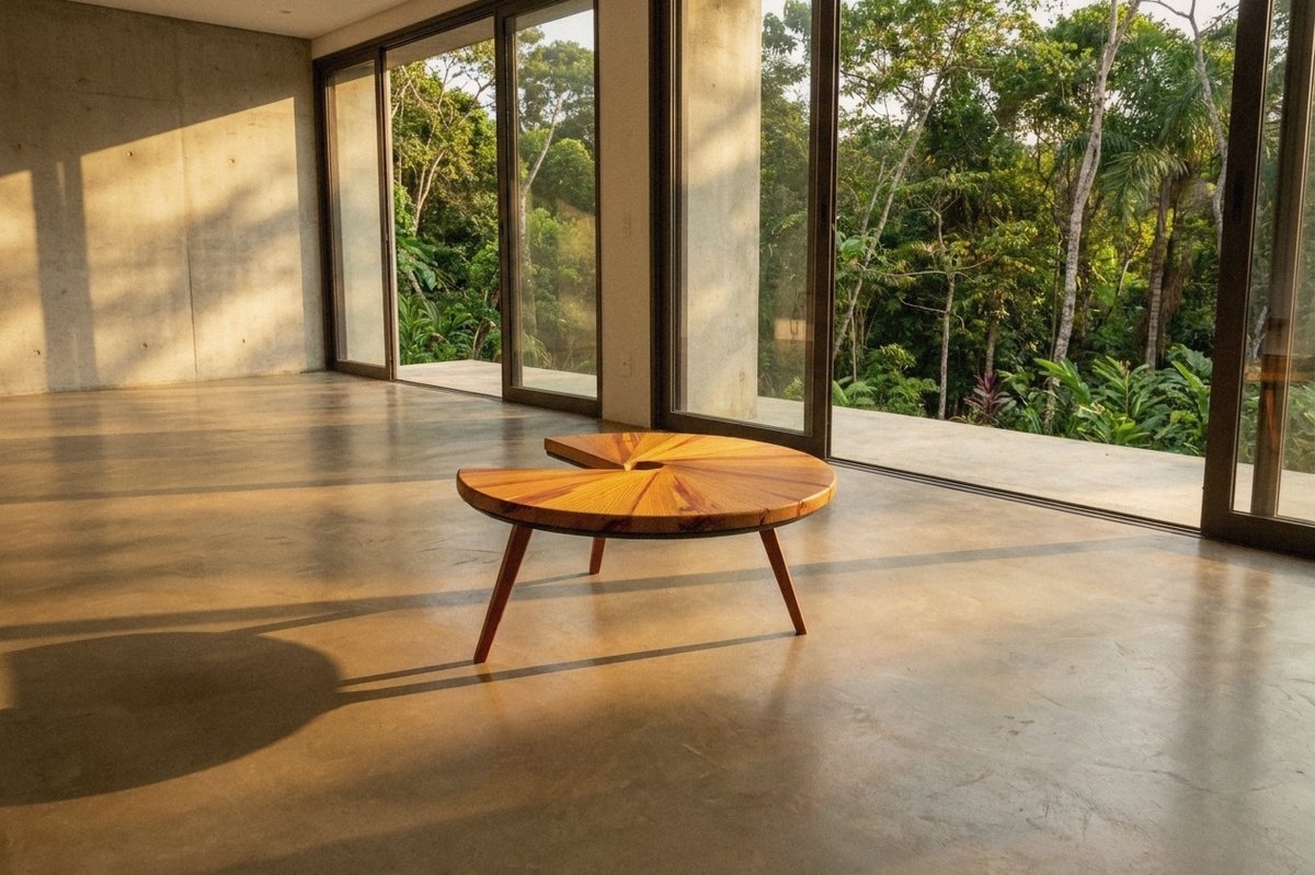 Mesa Caracol de madeira de recuperação posicionada no centro de uma sala ampla diante de portas de vidro.