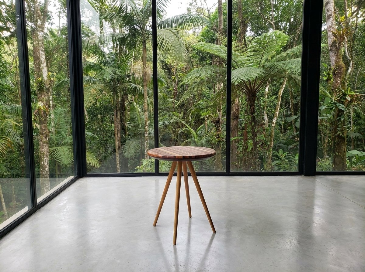 Four-legged Mesa Donzela on a polished concrete floor, in front of tall glass panels facing the forest.