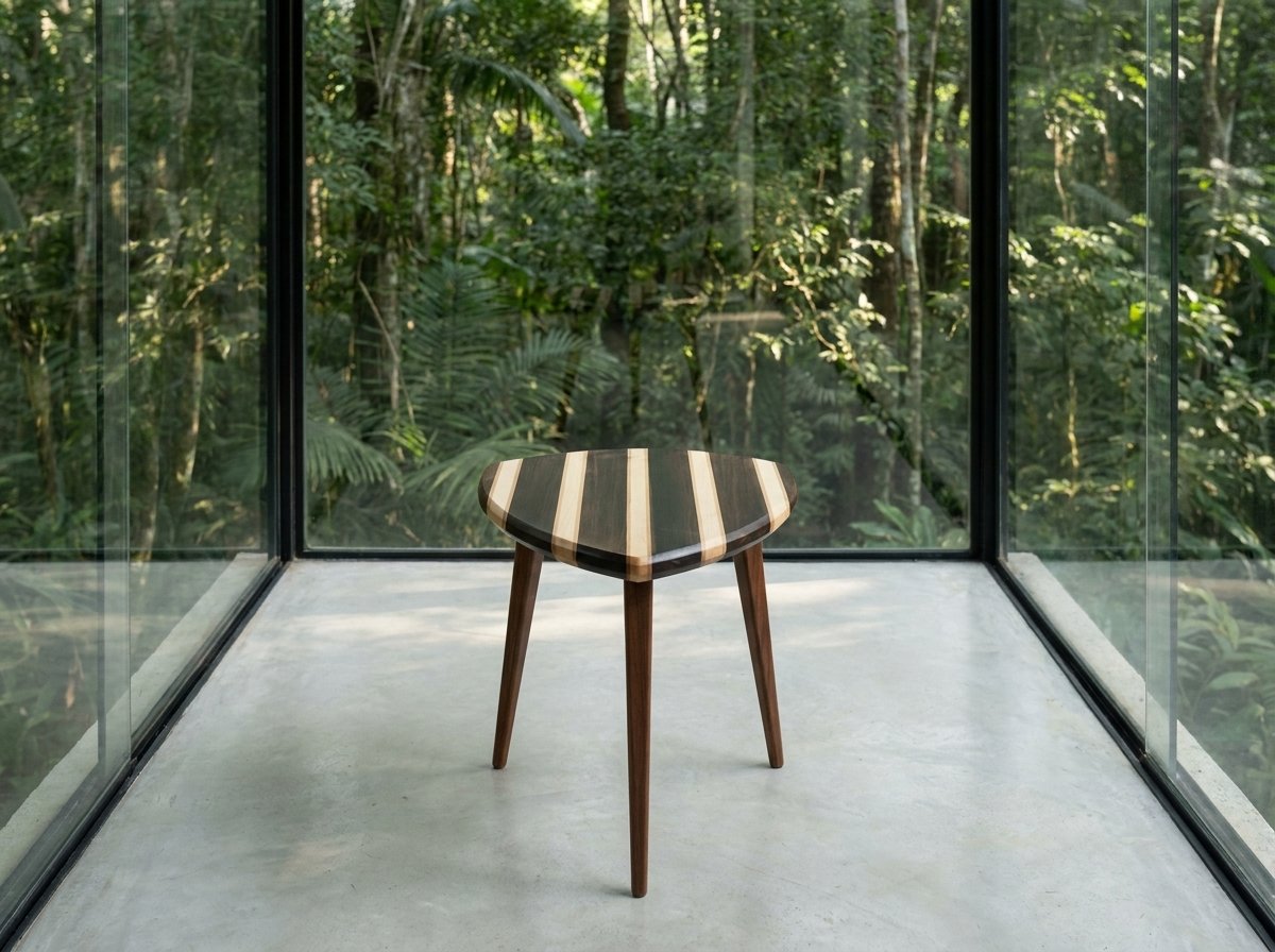 Mesa Escudo in canela preta and maple, standing on a concrete floor in a glass pavilion facing the forest.