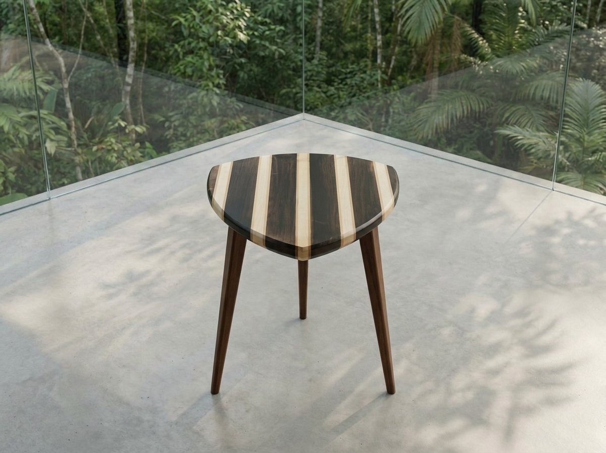 Mesa Escudo in canela preta and maple seen from above on a concrete floor before glass panels.