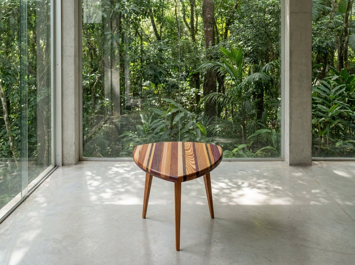 Mesa Escudo in various demolition woods centered in a glazed room facing trees.