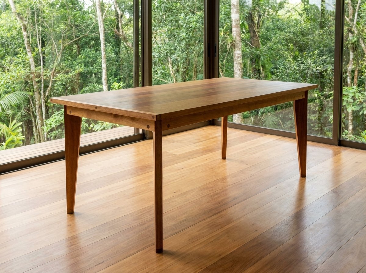 Mesa jantar in tamarindo seen from a three quarter angle on wooden floorboards before large glass windows.