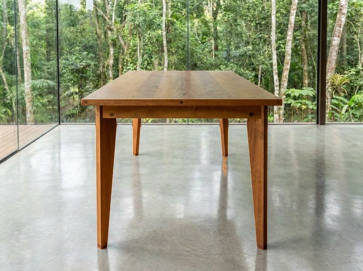 Mesa jantar em tamarindo vista pela cabeceira sobre piso de tábuas de madeira voltada para as janelas.