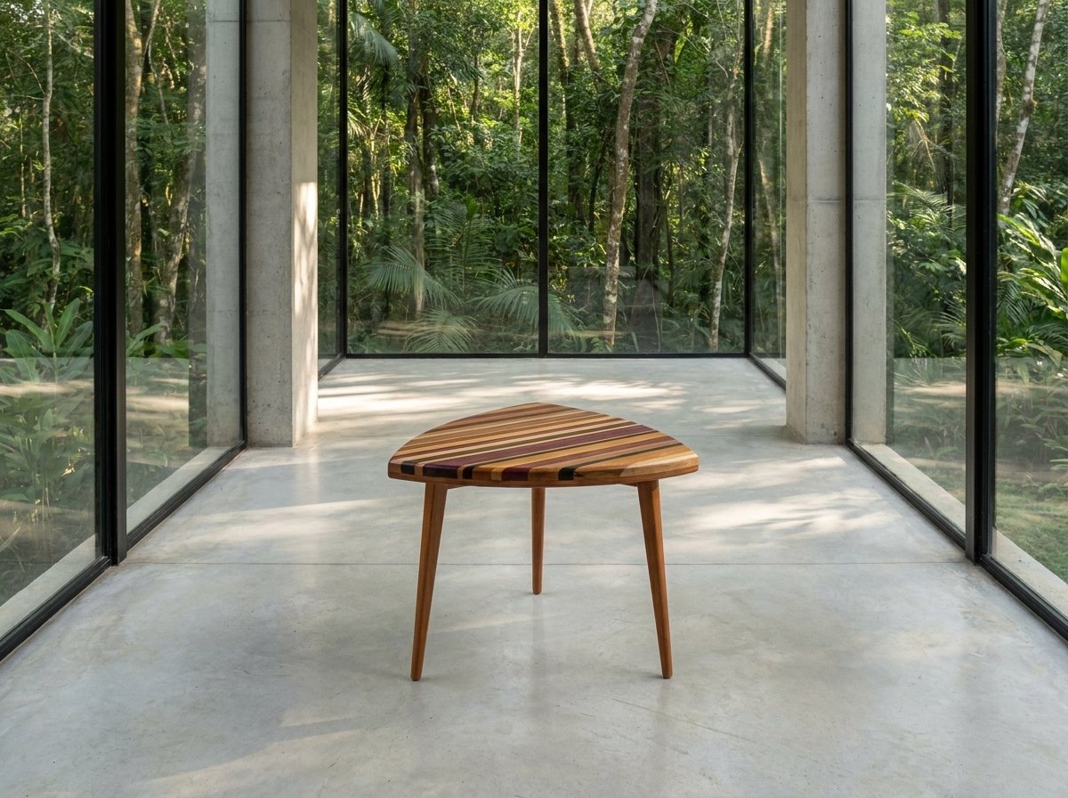 Low Mesa Pipa in various demolition woods on a light floor before large windows.