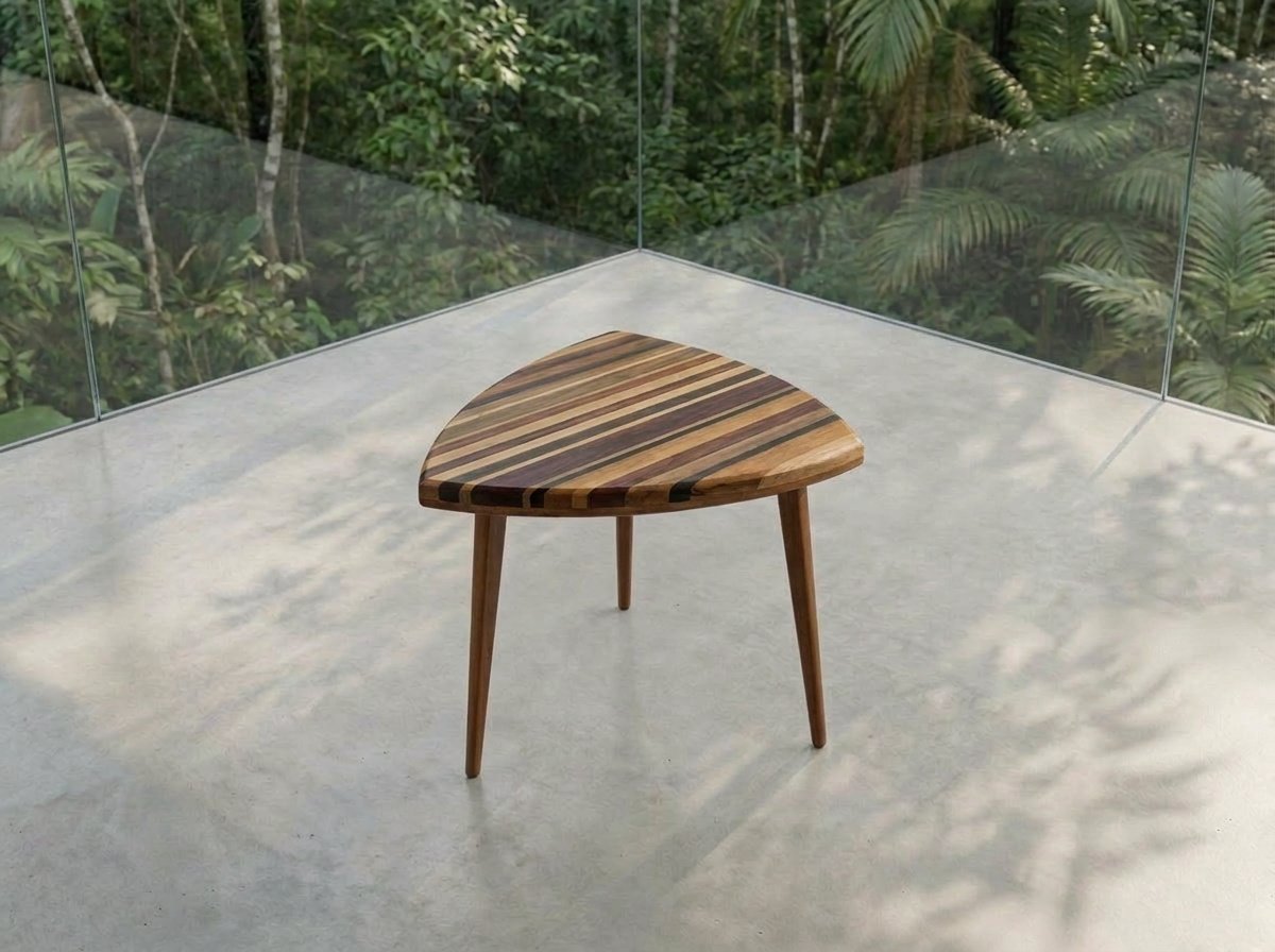 Mesa Pipa in various demolition woods seen from above in a glass corner.