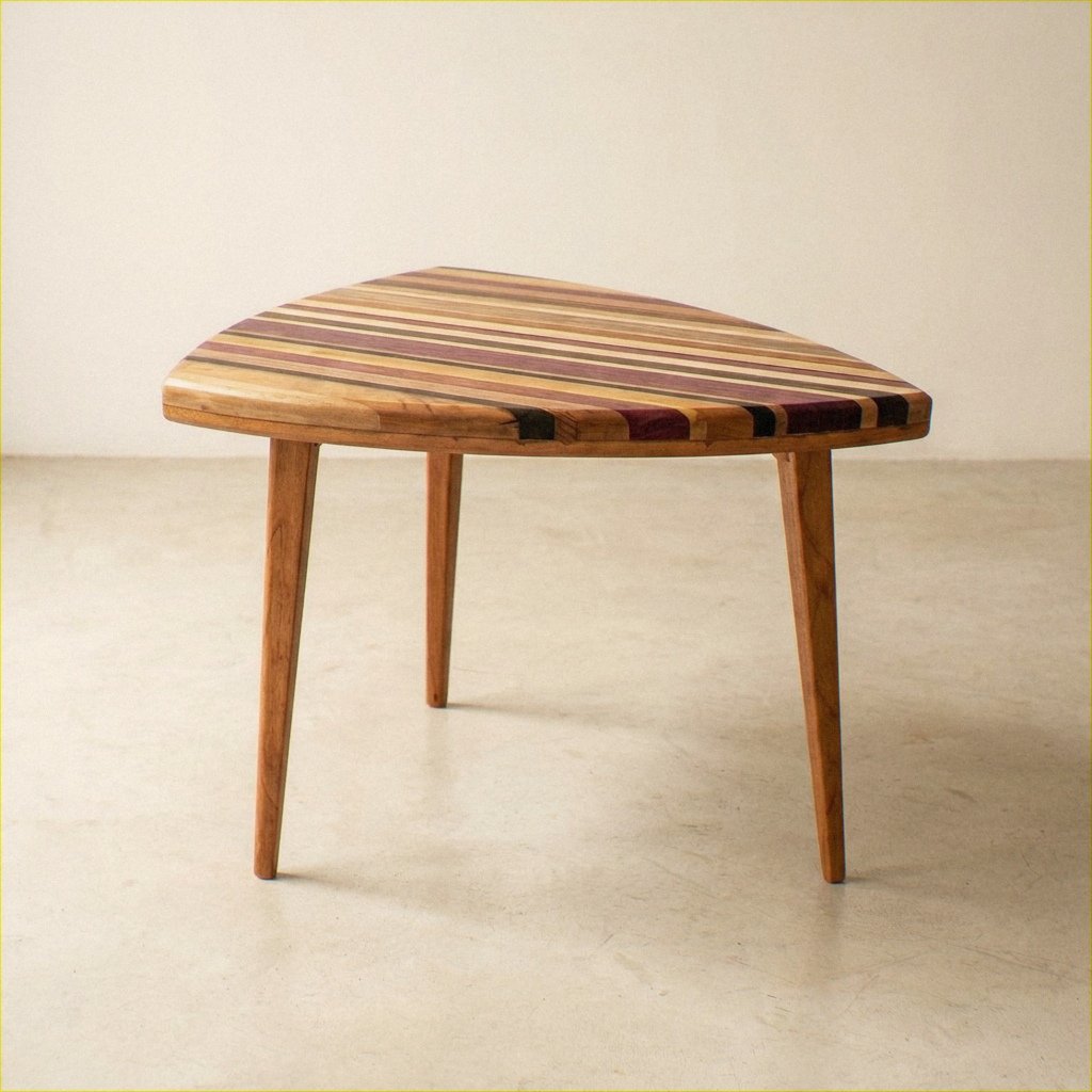 Low Mesa Pipa in various demolition woods on a smooth floor against a plain wall.