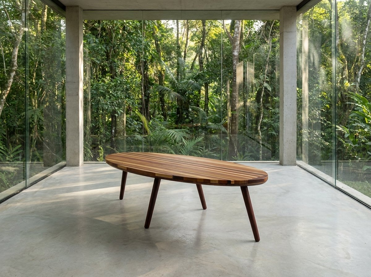 Mesa Prancha made of demolition wood seen in full view inside an open glass pavilion.