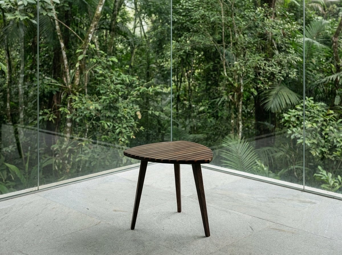 Mesa Pupunha in pupunha and pinho de riga before glass walls looking out to plants.