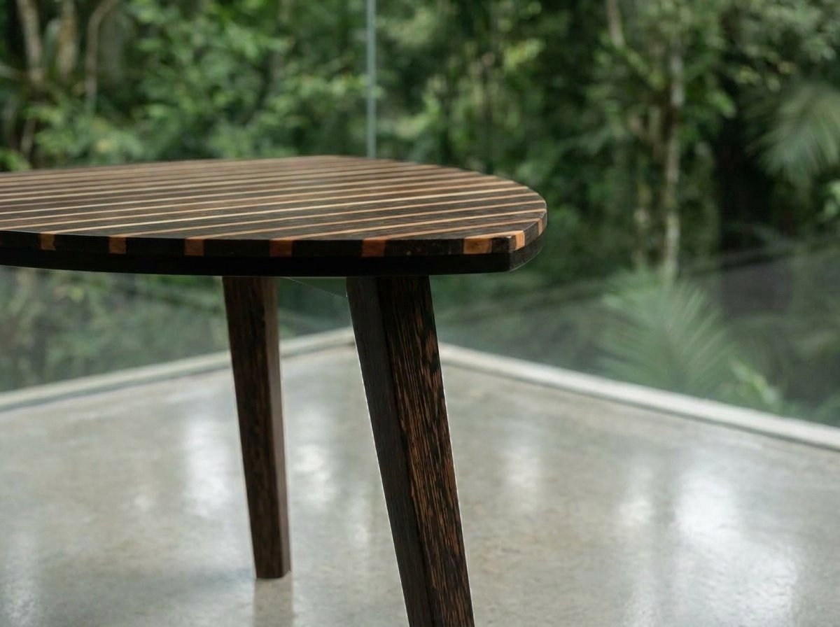 Detalhe da Mesa Pupunha em pupunha e pinho de riga, com tampo listrado sobre piso claro diante da mata.