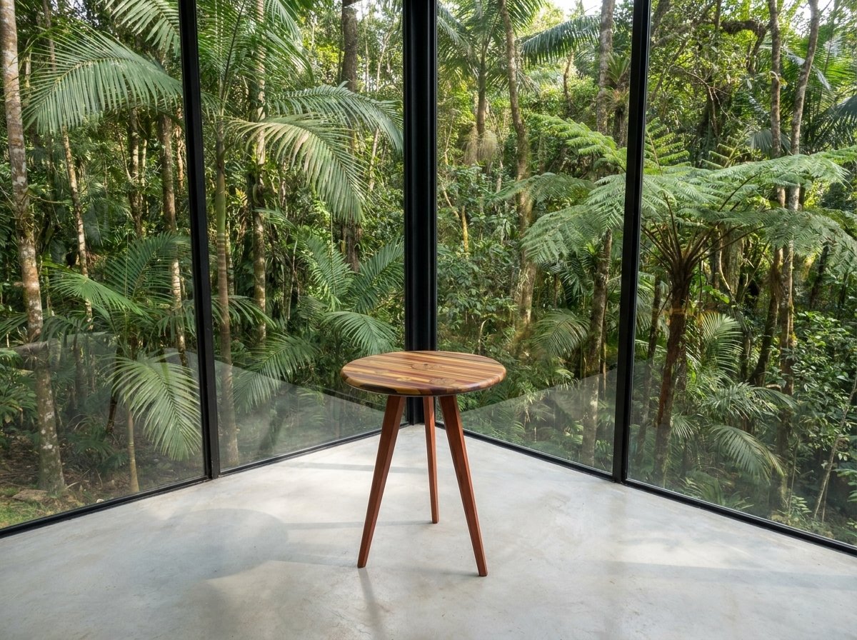 Mesa Tripé in reclaimed wood inside a glass pavilion facing the forest.