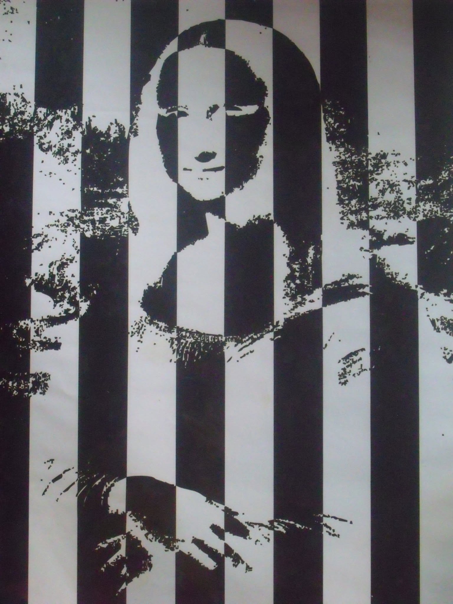 Mona Listra, an ink jet print on paper showing a portrait divided by alternating black and white vertical stripes.