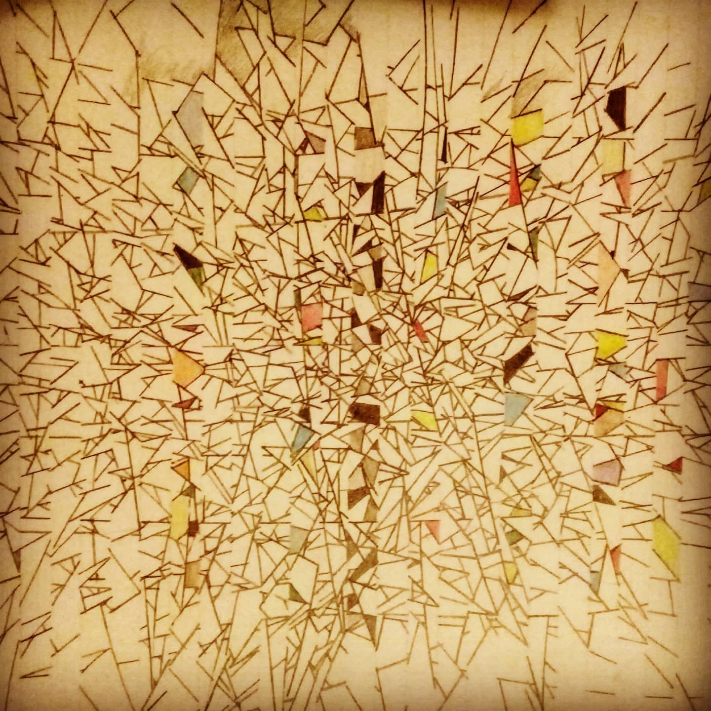 Num. 3, a pencil drawing on paper showing an intricate network of fine lines and small color fields.