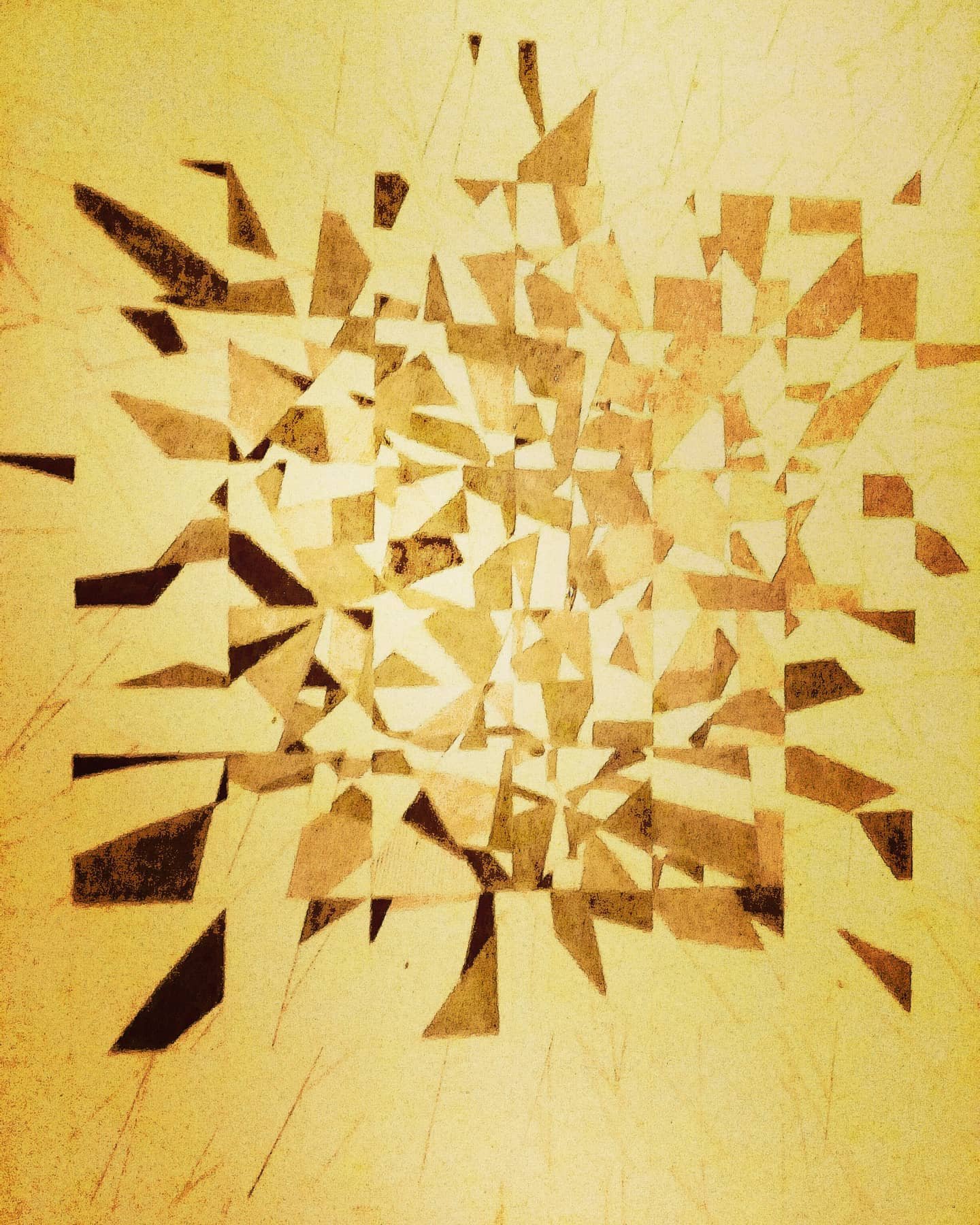 Num. 5, an acrylic painting on canvas with angular geometric fragments arranged across a square area.