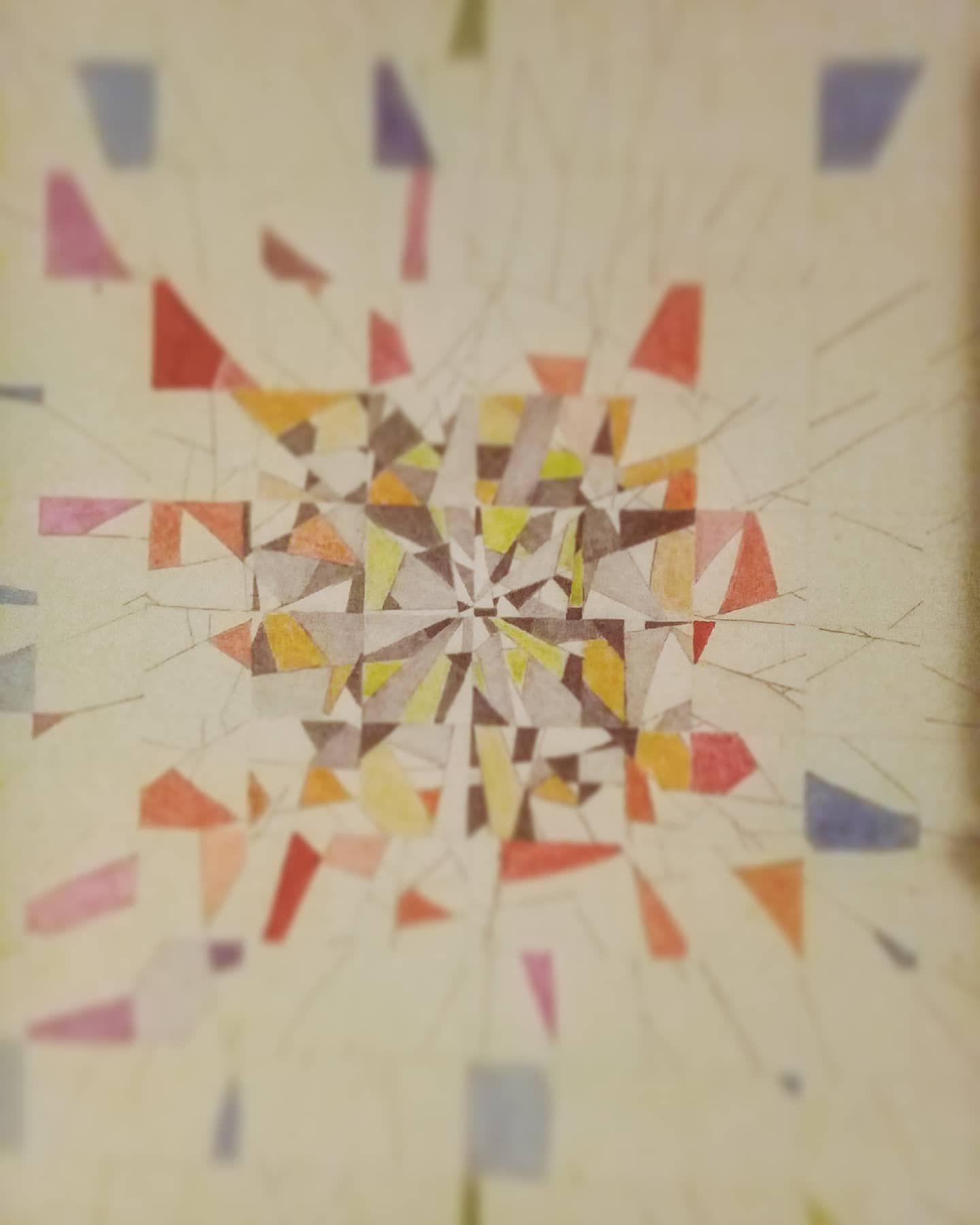 Num. 6, a pencil drawing on paper showing an arrangement of muted colored triangular forms expanding from the center.
