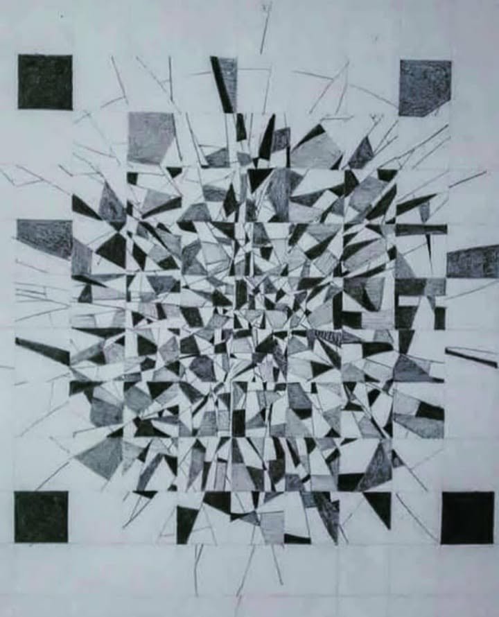 Num. 7, a pencil drawing on paper with a dense fractured pattern and dark squares near the corners.