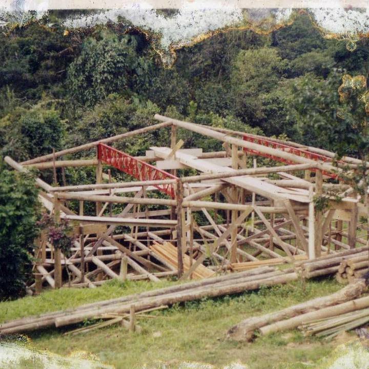 Timber frame of a workshop under construction on a hillside with logs in the grass.