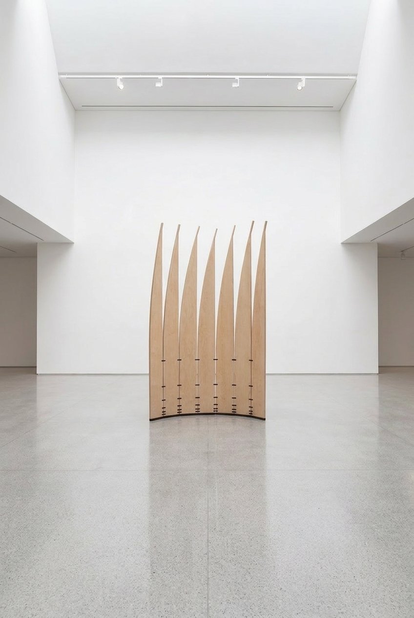 The mobile sculpture Velas stands in a gentle curve beneath overhead light in a white atrium.