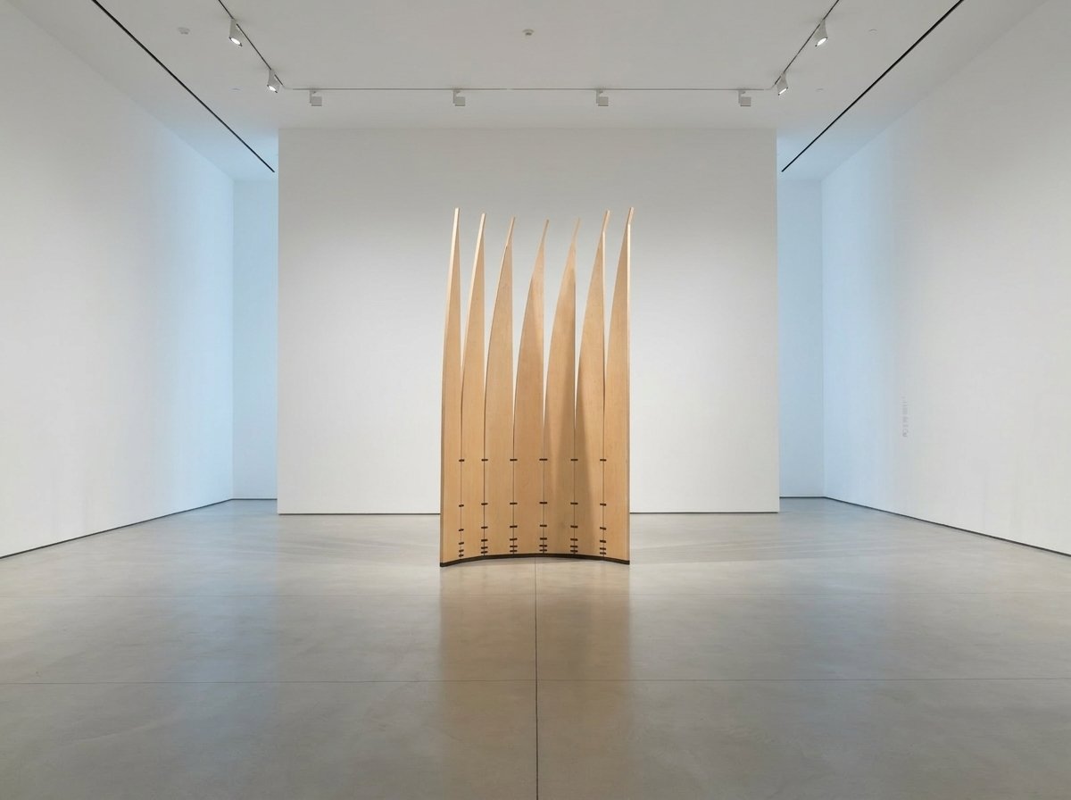 The mobile sculpture Velas stands in an open curve in a gallery with white walls and a polished floor.