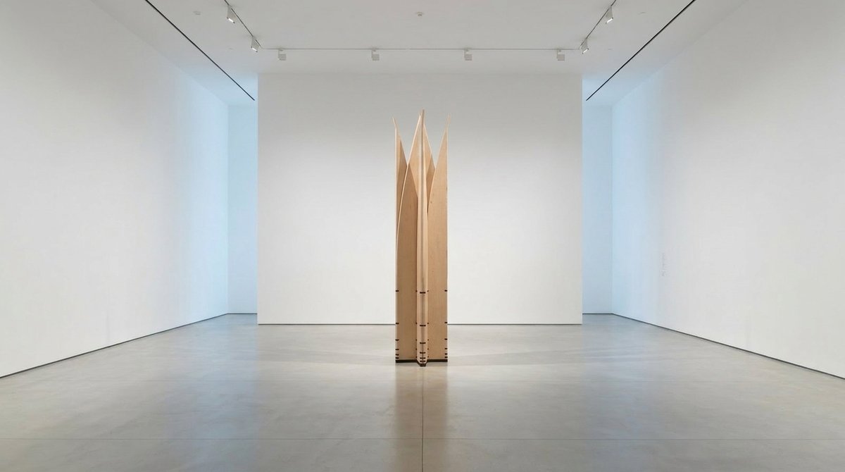 The mobile sculpture Velas stands closed into a central star form inside an empty white gallery.