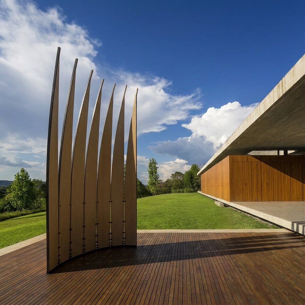 The mobile sculpture Velas stands curved on an outdoor wood deck beside a lawn under a blue sky.