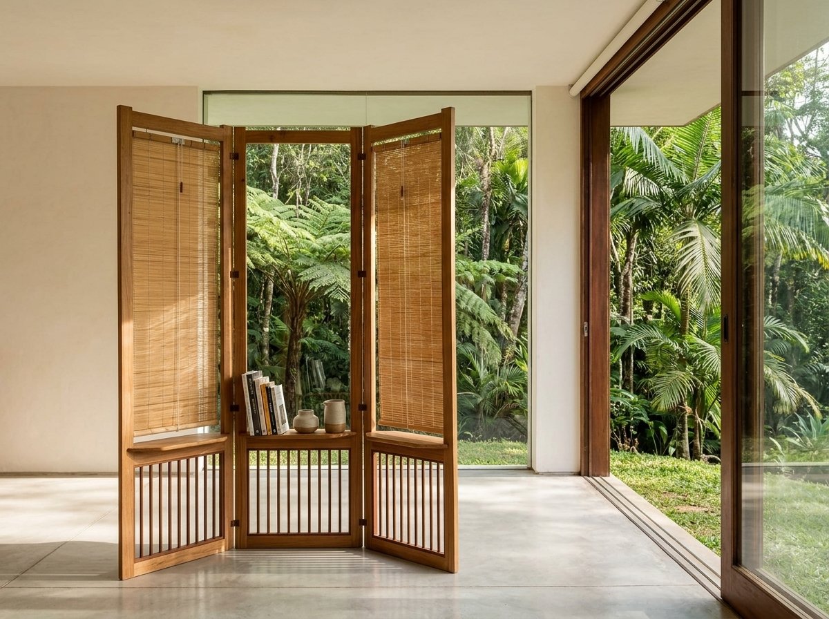 Versá in freijó and ipê with three hinged sections and blinds, placed before a glass wall.
