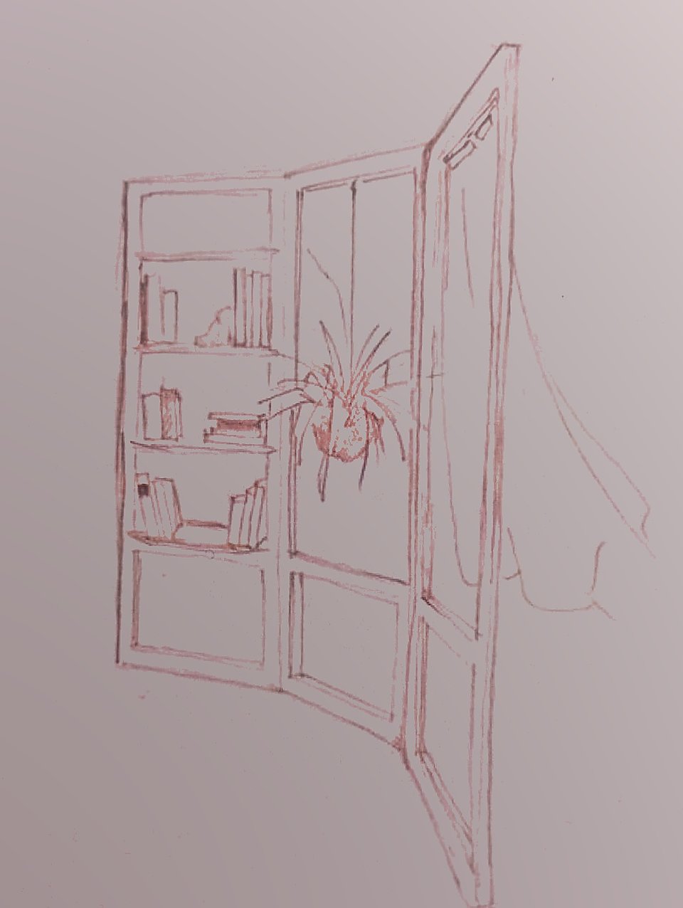 Desenho de três módulos articulados do móvel Versá com estante de livros, planta suspensa e tecido lateral.